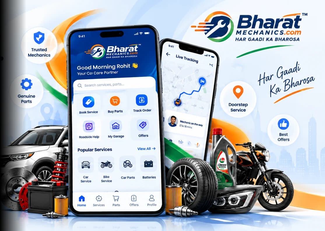 Bharat Mechanics app on two phones with car, bike and genuine parts